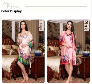 Beige and pink floral print silk satin two-piece sleepwear robe and nightgown set