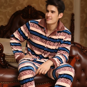 Men's Thickened Flannel Pajamas Top And Pants Warm Coral Fleece Casual Striped Animal Pattern Home Wear Sleepwear