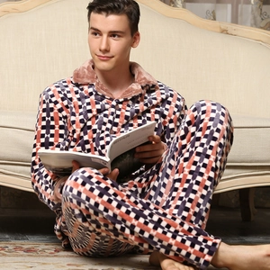 Men's flannel pajama set with geometric argyle pattern and warm plush lapel collar