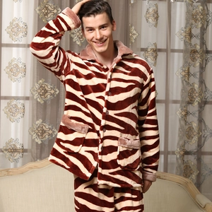Men's flannel pajama set with brown zebra stripes, warm lapel collar and soft plush fabric