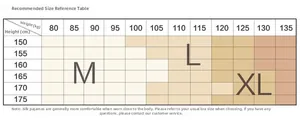 Detailed size reference chart for women's silk pajama set with height and weight metrics