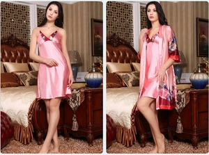 Detail of pink silk satin floral pajama set with V-neck slip dress and robe