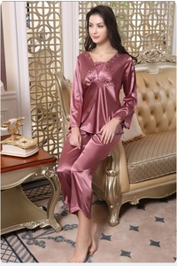 Lace detail on V-neck silk pajama top with elegant long sleeves in deep pink