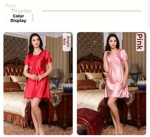 Detail of red and pink short-sleeve silk sleepwear with elegant V-neck lace patchwork