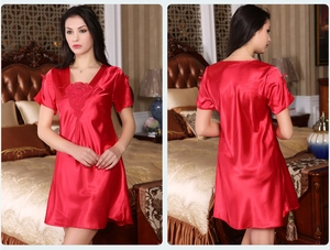 Detailed view showing the front and back of a red satin nightgown with lace trim