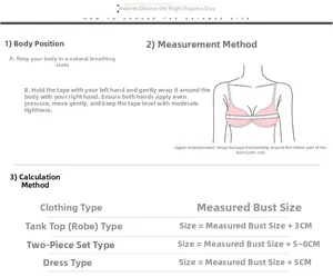 Size guide with measurement instructions for women's lace silk pajama two-piece sets