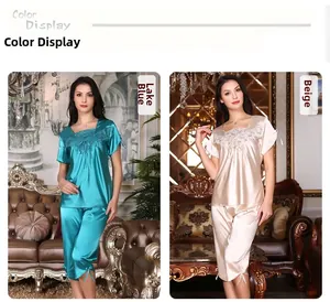 Color display of women's silk pajamas featuring lake blue and beige lace sets