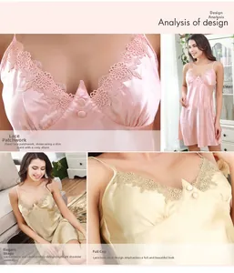 Dettaglio di pizzo elegante e pieghe delicate sulla camicia da notte in raso per donna