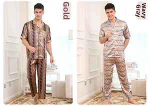Short sleeve satin pajama sets for men in luxury gold and wavy grey pattern styles
