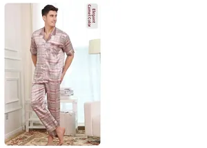 Detail of camel checkered silk pajamas set featuring short sleeves and satin finish