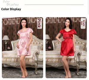 Color display of pink and red V-neck silk nightdresses with lace trim and ruffled sleeves