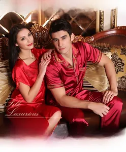 Detailed view of luxury silk satin couple pajama set in deep red with elegant V-neckline