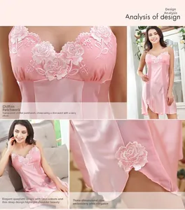 Detail von pinkfarbenem Seidensatin-Nachthemd mit Spitze, V-Ausschnitt und 3D-Blüten