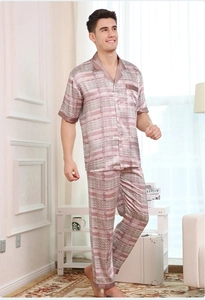 Detail view of men's satin plaid pajamas with notched lapel and silky texture
