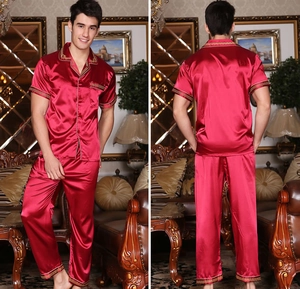 Detailed front and back view of men's red silk satin pajama set with gold embroidery