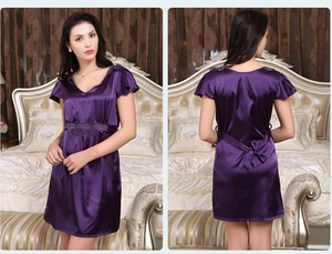 Front and back detail of deep purple satin V-neck nightgown with lace embroidery