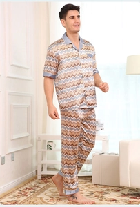 Men's satin pajama set featuring short sleeves and a stylish zigzag wavy pattern