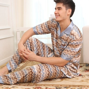 Men's silk-like pajama set with short sleeves and pants featuring a geometric wave pattern