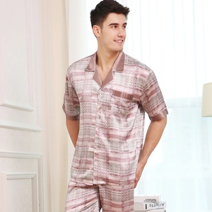 Men's silk satin short sleeve pajama set with striped pattern and classic collar