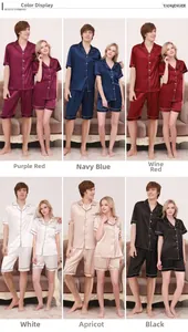 Short sleeve silk pajama sets for couples available in six vibrant assorted colors