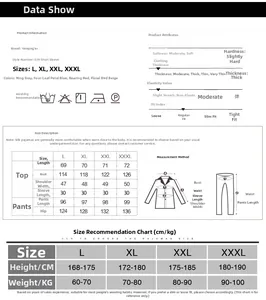Detailed size chart for men's silk pajama sets showing measurements for L to XXXL sizes