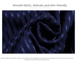Close-up of dark blue striped faux silk fabric with glossy texture and smooth fiber weave