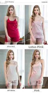 Detailed grid view showing silk satin pajamas in burgundy, lotus, off-white and pink colors