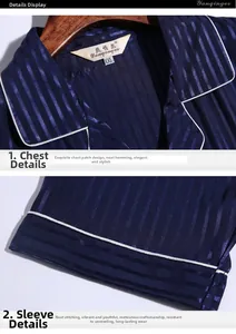 Detail of navy blue silk pajama with white piping on collar and chest pocket