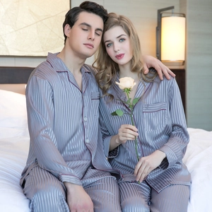 Matching couple silk pajamas set in silver purple striped satin for spring and autumn