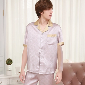 Men's short sleeve silk pajama set with geometric print and contrast lapels