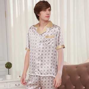 Champagne gold silk short-sleeved pajamas set for men with vintage print and piping