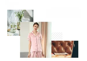 Détail d'un pyjama en satin à rayures roses et blanches avec un col à revers passepoilé noir