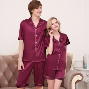 Matching burgundy silk satin pajama set for couples with white contrast piping details