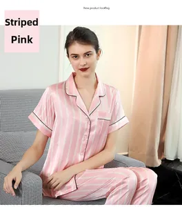 Détails du pyjama en satin à rayures roses avec col à revers et passepoil noir