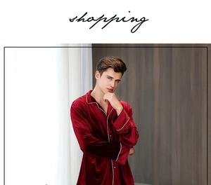 Men's burgundy velvet bathrobe with long sleeves and elegant white trim detailing