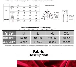 Guide des tailles pour pyjama en velours avec mesures détaillées haut et bas M-XXL