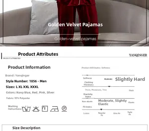 Size chart and fabric details for men's velvet pajama set with four color options
