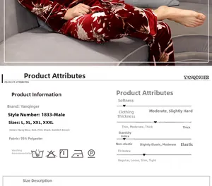 Detailed size chart and fabric specifications for men's floral velvet pajama set