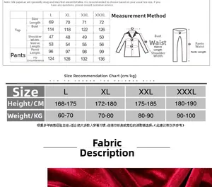 Detailed size chart for men's red velvet pajama set with measurements from L to XXXL