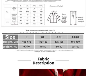 Detailed size chart for men gold velvet pajamas set ranging from L to XXXL sizes