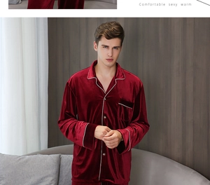 Detail of burgundy velvet pajamas set for men with white contrast piping on cuffs