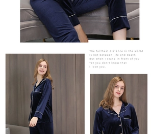 Détail du pyjama en velours bleu foncé avec liseré blanc et texture luxueuse
