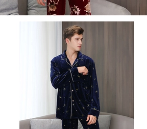 Detailed view of plush navy velvet men's pajamas with star patterns and white piping
