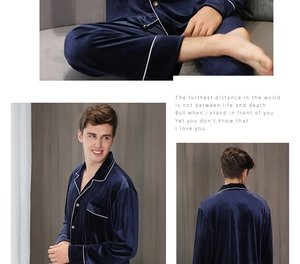 Detail of dark blue velvet men's pajamas set showing texture and button design
