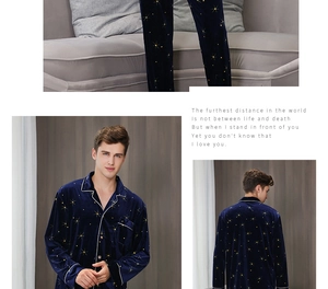 Detail view of navy gold velvet men's pajama set with star pattern and contrast piping