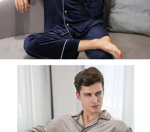 Men's velvet pajama set with classic lapel collar and contrast piping details