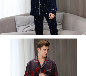 Detail of warm gold velvet men's pajamas sets in navy star and purple moon patterns