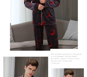 Detail of men's velvet pajama set with white piping and crescent moon prints