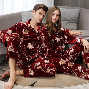 Lussuoso Set Pigiama di Coppia in Velluto Stampa Floreale Vintage Top E Pantaloni Maniche Lunghe Comodo Autunno Casa