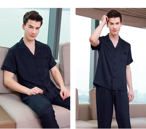 Detailed view of men's dark blue short-sleeved silk pajamas set with button-up collar